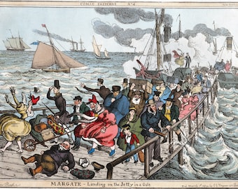 Margate 1834 Comic Print folk Alighting From A Ferry During A Storm