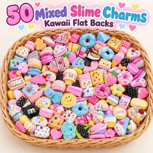 May include: A collection of 50 mixed slime charms with flat backs, featuring various colourful shapes like doughnuts, cupcakes, biscuits, and hearts, all contained within a woven wicker basket. The text 50 Mixed Slime Charms Kawaii Flat Backs is visible.