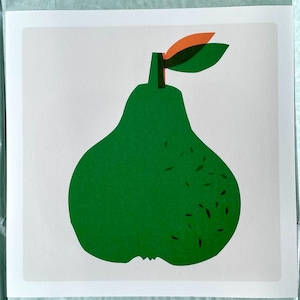 Pera unica, stampa fine art 30x30 cm, carta ritagliata, verde, giclée, frutta, carta fatta a mano, con disegno di ritagli di carta, pera verde, poster