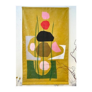 Abstract wandkleed XL, 90x150 cm, handgemaakt, okergeel met groen van robuust katoen, wanddecoratie, muurkleed kamer, wallrug, wandtapijt