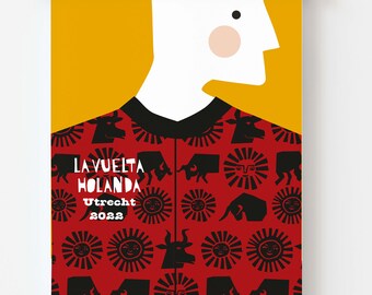 poster 30x40 cm, cyclist in Spanish shirt for the Vuelta 2022 that has its start in Utrecht, cycling, print, abstract, bull, sun