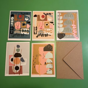5 wenskaarten met abstracte illustraties gemaakt met papercuts, 10x15, dubbele kaart met envelop, stationery, kaartenset gedrukt, abstract