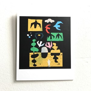 Impressão pequena em papelão resistente, 15x19 cm, observando os pássaros, decoração para casa, design de recortes de papel, arte de parede leve, pássaro, abstrato, preto