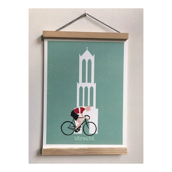 Utrecht poster with Dom tower and cyclist. Size: 30x40 and 40x60 cm, cycling poster, Utrecht, cyclist, Dom Tower, Utrecht, print, without frame.