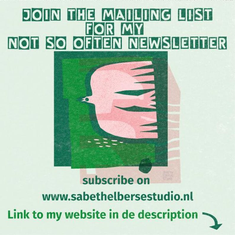 May include: Green and pink graphic illustration of a bird with the text "JOIN THE MAILING LIST FOR MY NOT SO OFTEN NEWSLETTER" and "subscribe on www.sabethelbersestudio.nl Link to my website in de description"