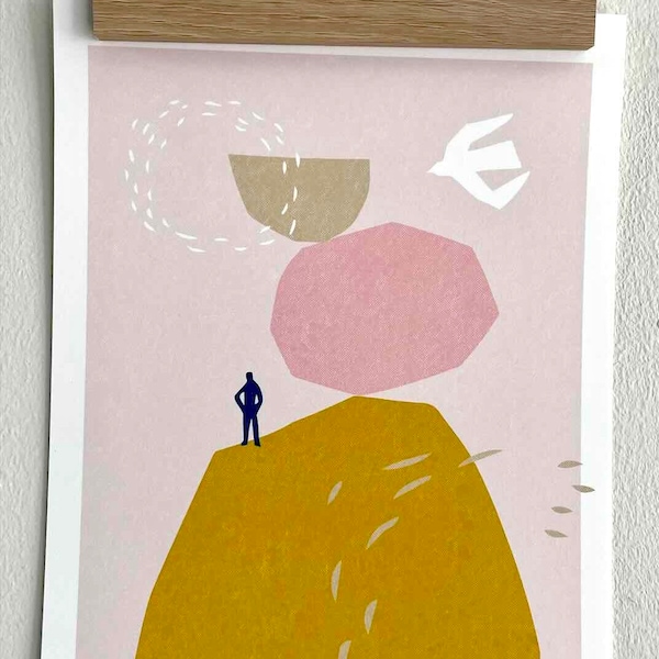 Impression giclée, 20x30 cm, Au sommet du monde, imprimée sur un beau et solide papier Hahnemuhle, affiche, décoration murale, rose et jaune ocre, art mural