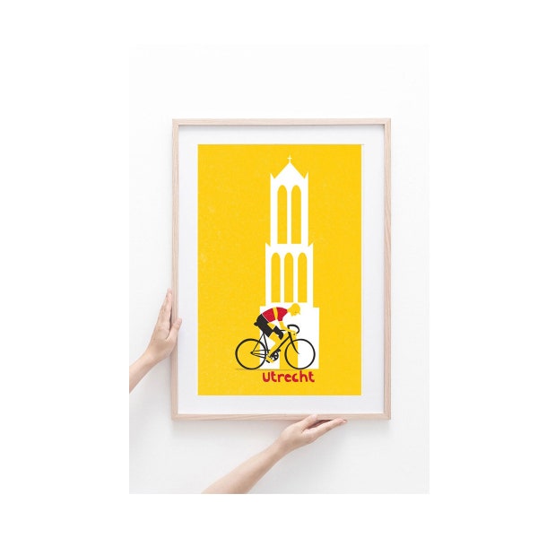 Poster wielrenner, Domtoren Utrecht,  40x60cm (160gr) en 50x70cm (250 gr) houtvrij papier. Papercuts, Print met wielrenner, Domtoren