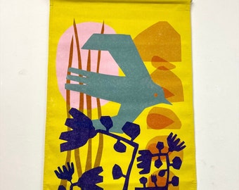 Small wall tapestry 60x100 cm, yellow and printed on robust cotton, abstract cut flower and bird, wall decoration, interior, living, colorful