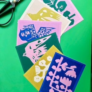 6 cartes postales avec différentes illustrations réalisées avec des papiers découpés, 10x15, carte simple, dos vierge, jeu de cartes, oiseaux et fleurs