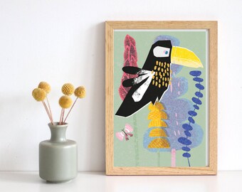 Toucan poster, size is 20x30 cm. This bird poster is made with paper and scissors, bird illustration, abstract art, birds, wall decoration