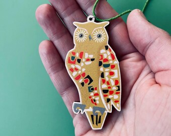 Wooden yellow owl pendant, 7 cm, artwork, papercut design, eye-catching necklace, charm, owl illustration wood, jewelry