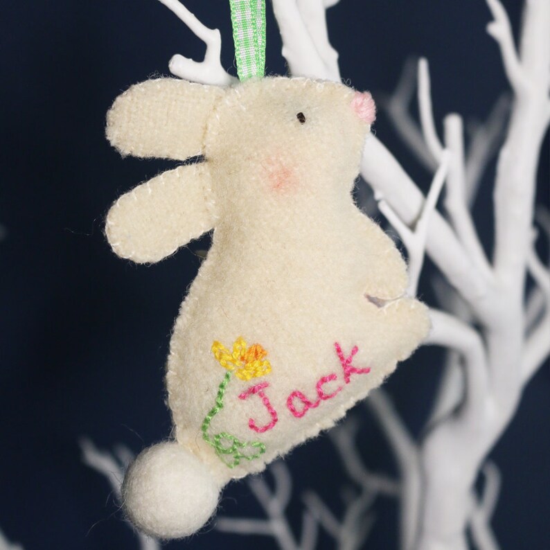 Easter rabbit/bunny decoration, hand embroidered, rustic Easter bunny/rabbit. Easter twiggy tree hanging ornament, handmade Easter ornament. image 3