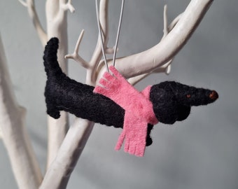 Black dachshund, sausage dog decoration. Hanging wool felt dog decoration for Christmas tree. Handmade decoration, xmas tree ornament.