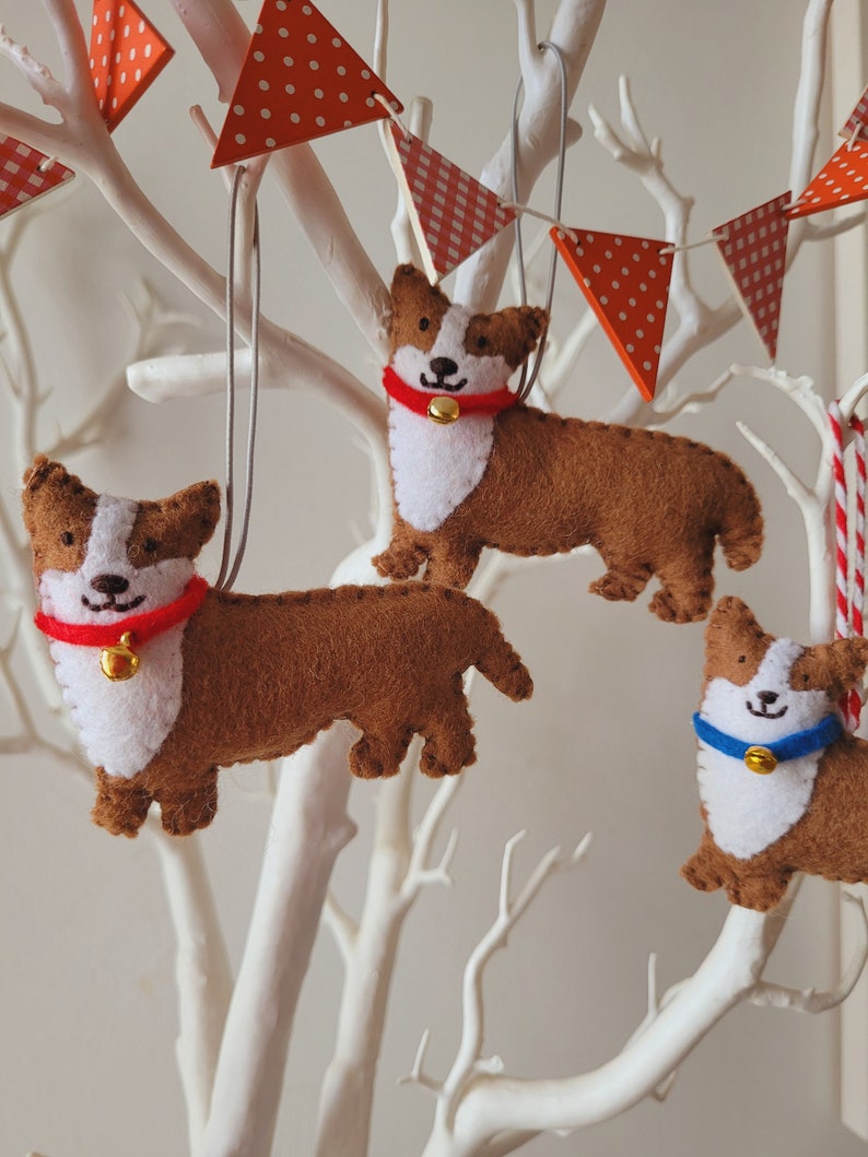 Corgi decoration. Hanging wool felt dog decoration for Christmas tree. Handmade decoration, xmas tree ornament. image 1