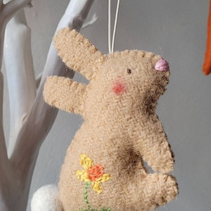 Easter rabbit/bunny decoration, hand embroidered, rustic Easter bunny/rabbit. Easter twiggy tree hanging ornament, handmade Easter ornament. image 1