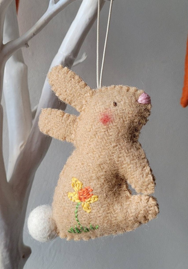 Easter rabbit/bunny decoration, hand embroidered, rustic Easter bunny/rabbit. Easter twiggy tree hanging ornament, handmade Easter ornament. image 1