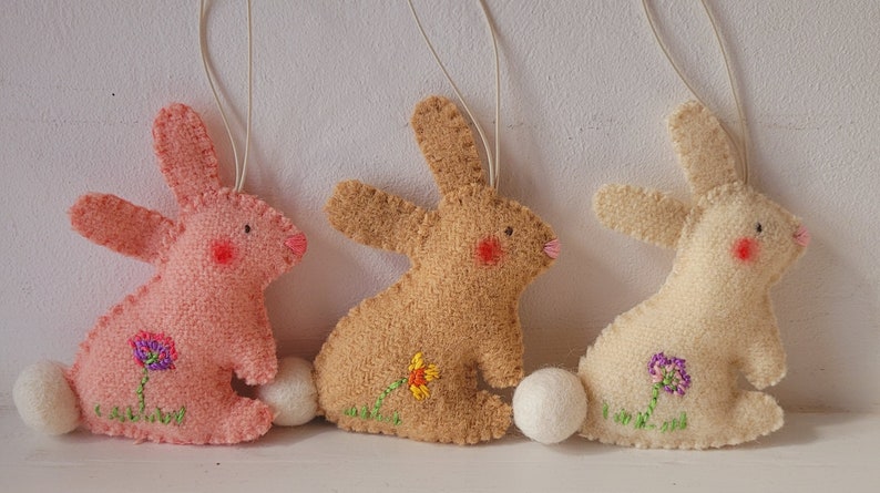 Easter rabbit/bunny decoration, hand embroidered, rustic Easter bunny/rabbit. Easter twiggy tree hanging ornament, handmade Easter ornament. image 2