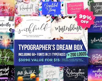 99% OFF Font Bundle | Typographer's Dream Box + 200 Logos | Modern Handwriting Font Bundle | Calligraphy and Wedding Fonts | Instant Digital