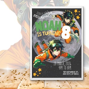 Convite de aniversário espacial inspirado em anime para adolescentes e pré-adolescentes, tema Galaxy Boy, editável na versão gratuita do Canva