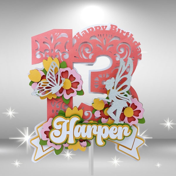 Happy 13th Birthday Floral, Fee und Schmetterling Mandala Cake Topper, Perfekt für Teenager Mädchen Party Dekor Feier, Instant Download SVG