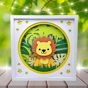Adorabile decorazione per la cameretta dei cuccioli di leone - Arte della scatola delle ombre a strati a tema giungla - Download istantaneo Stravagante arte da parete per il rifugio del tuo piccolo!
