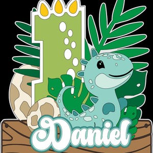 Topo de bolo de aniversário fofo de dinossauro número 1 - arquivo de corte de papel SVG Cricut personalizável para decoração de festa infantil