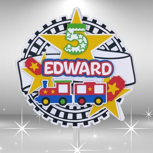 Forme de gâteau train 3D SVG pour l'anniversaire d'un enfant, fichier découpé pour une décoration de fête DIY, modèle d'artisanat imprimable, design fantaisiste et unique.