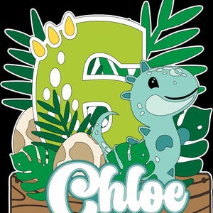 Topo de bolo fofo de dinossauro número 6, arquivo SVG de download fácil para Cricut, decoração de festa de aniversário infantil editável