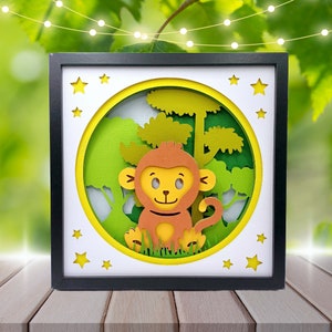 Decoração adorável para quarto de bebê macaco, arte em caixa de sombra em camadas com tema de selva - Baixe instantaneamente uma arte de parede fantástica para o refúgio do seu pequeno!