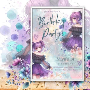 Convite de aniversário inspirado em anime em roxo para adolescentes e pré-adolescentes, editável na versão gratuita do Canva