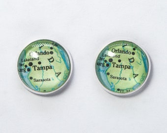 CUSTOM Vintage Map Earrings in Stud or Drop: Choose your own Locations, Map Jewelry for Her