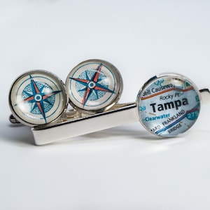 CUSTOM Silver Cufflinks and Tie Bar Set: Vintage Map Accessories, Gift for Him