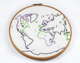 Hand Stitched World Map Embroidery on Vintage Linen