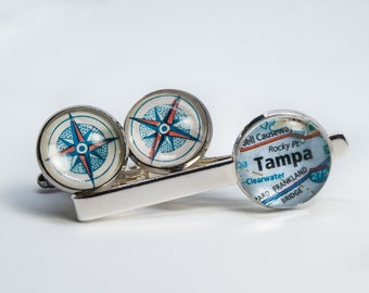 CUSTOM Silver Cufflinks and Tie Bar Set: Vintage Map Accessories, Gift for Him