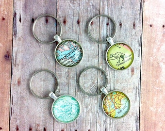 CUSTOM Vintage Map Keychain: Choose your own Location [Map Keyring, Travel Gift, Personalized Key Ring, World Map Art]