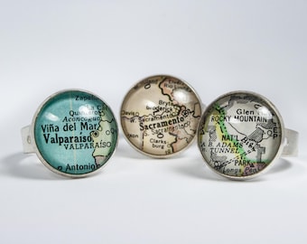 CUSTOM Map Ring: Personalized with the Vintage Map Location of YOUR CHOICE [Travel Gift, Gift for Her, World Map Jewelry, Bridesmaid Gift]