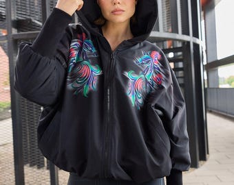 Horse Print Bomber Jacket: Loose Fit, Soft Fleece Lined, Autumn Style
