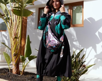 Waterproof Softshell Hooded Coat With Original Pattern Botanica– Waist Shaping, Elastic Sleeves