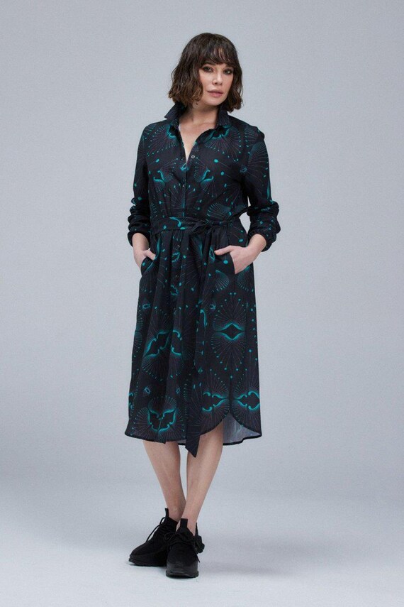 belted teal and black shirt dress Youll See Soon Dark Teal Multi Floral Print Belted Midi Shirt Dress