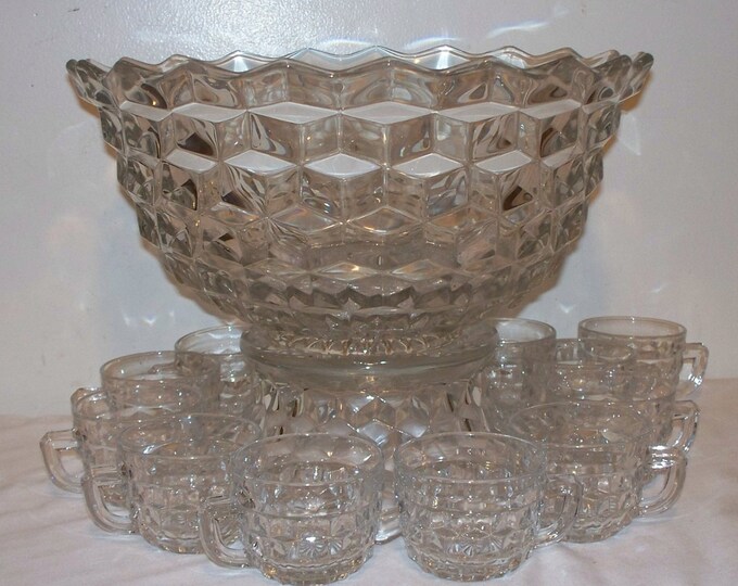 Vintage Fostoria American Punch Bowl Set W/ Pedestal Base & Cups 13 Pcs