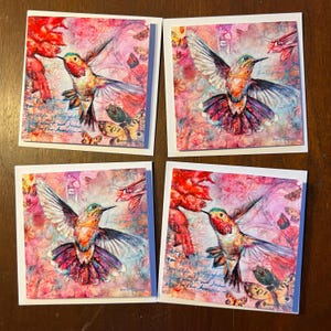 Kolibri Blanko-Notizkarten-Set, Vogelliebhaber, Mixed-Media-Kunst, gefaltetes Briefpapier,