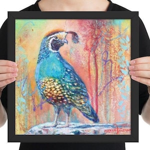 Desert Gambel Male Quail Colorful Contemporary Abstract Mixed Media Print from Original Art  * Framed black / white