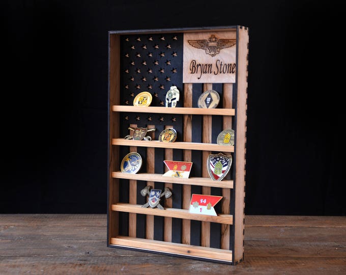 Hanging Wood Military Coin Holder, Engraved military coin holder, coin holder shelf, collectables shelf, American Flag display, Poker Chip