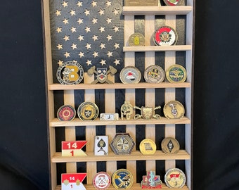 Hanging Wood Military Coin Holder, Engraved military coin holder, coin holder shelf, collectables shelf, American Flag display, Poker Chip