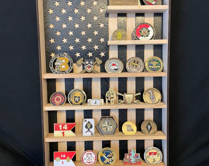 Hanging Wood Military Coin Holder, Engraved military coin holder, coin holder shelf, collectables shelf, American Flag display, Poker Chip