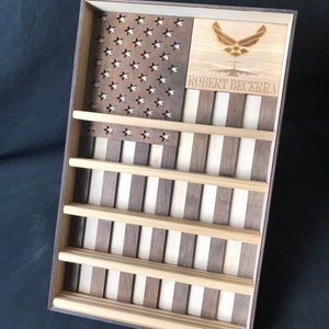 Hanging Wood Military Coin Holder, Engraved military coin holder, coin holder shelf, collectables shelf, American Flag display, Poker Chip