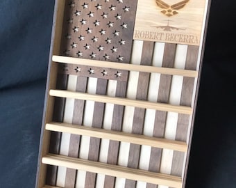 Hanging Wood Military Coin Holder, Engraved military coin holder, coin holder shelf, collectables shelf, American Flag display, Poker Chip