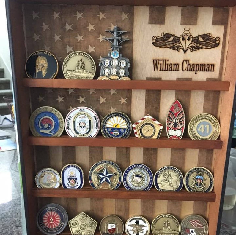 Hanging Wood Military Coin Holder, Engraved military coin holder, coin holder shelf, collectables shelf, American Flag display, Poker chip image 2