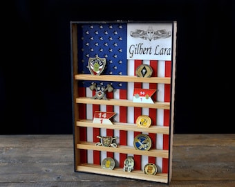 Hanging Wood Military Coin Holder, Engraved military coin holder, coin holder shelf, collectables shelf, American Flag display, Poker Chip