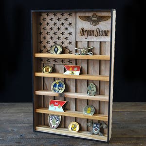 Engraved 3D Wood Military Coin Holder Shelf: American Flag Display